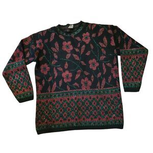 VTG Holiday Time Ugly Christmas Sweater Large Floral Red Green Acrylic